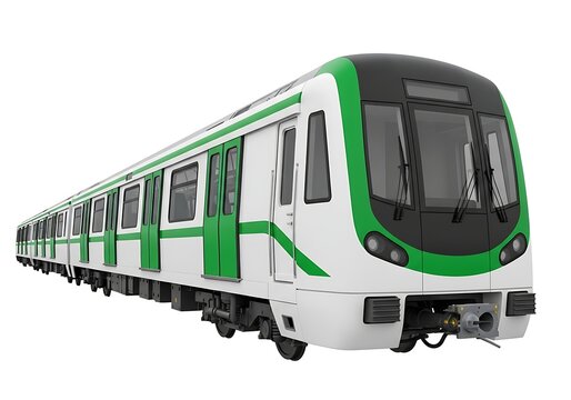 Modern green and white subway train isolated on white background