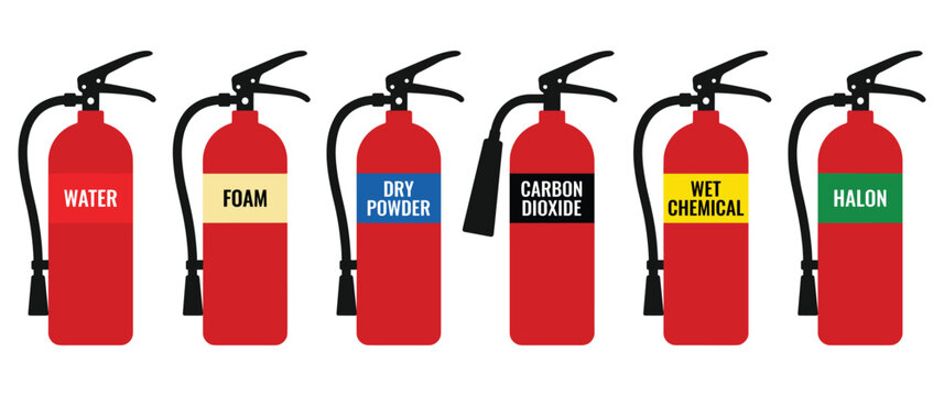 Six types of fire extinguishers with color coded labels for safety kit.