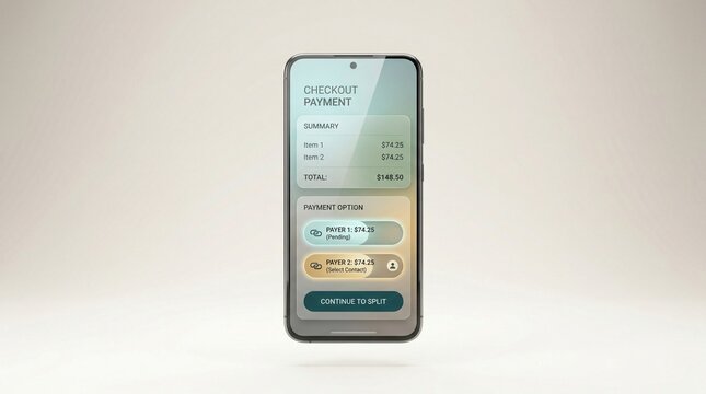 Smartphone mockup showing a split payment app on a light background