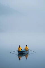 Fototapeta premium Two anglers rowing small boat across foggy lake at dawn