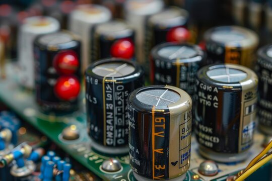 Numerous electrolytic capacitors standing on a green circuit board, showcasing electronic components and technology