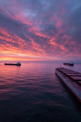 Fototapeta premium Cargo ships anchored in calm water near pier at sunset