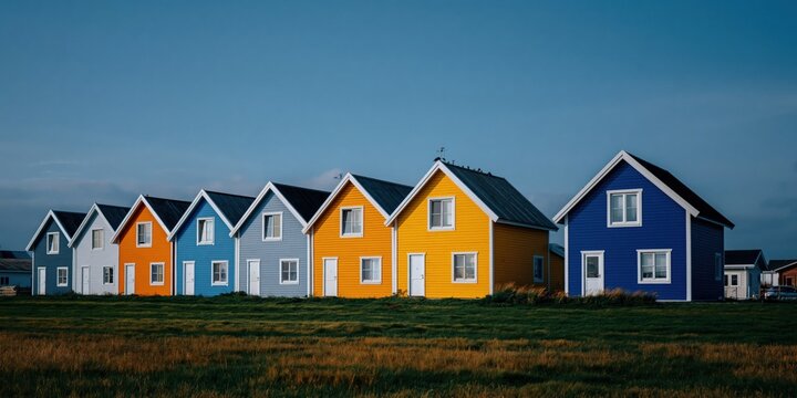 Row of colorful houses along grassy coastal plain at dusk