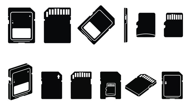 SD and MicroSD memory cards in various angles and sizes for data storage and digital devices.
