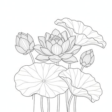 Line drawing of lotus flowers and leaves on transparent background transparent background