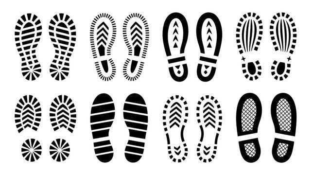 A collection of various black and white shoe sole prints are arranged on a clean white background displaying diverse tread patterns high quality professional detailed modern