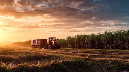 Naklejka premium Tractor hauling sugarcane through field at sunset