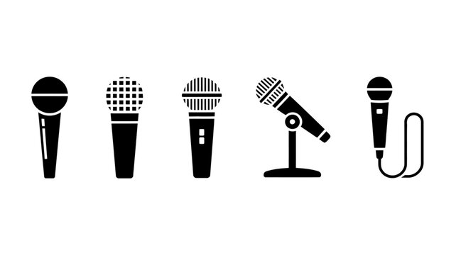 A collection of black microphone icons in various styles and designs are displayed against a plain white background creating a minimalist composition high quality professional detailed