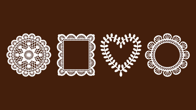 A collection of four ornate white doily designs arranged in a row featuring circular square heart and oval shapes high quality professional detailed modern elegant stylish