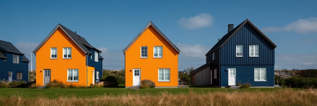 Colorful houses standing on grassy coastal plain under blue sky