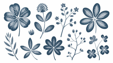 Obraz premium A botanical illustration showcases various leafy plants and delicate clovers in a striking monochromatic blue tone against a white backdrop high quality professional detailed modern elegant