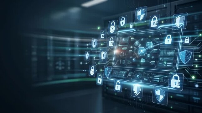The scene opens in a sleek, modern office environment featuring a high-tech cybersecurity dashboard illuminated by soft neon blue lights. As the motion begins, glowing holographic icons of locks and s