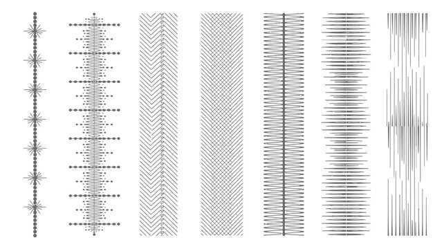 A collection of seven vertically oriented abstract line patterns are displayed against a stark white background showcasing varied textures high quality professional detailed modern elegant stylish