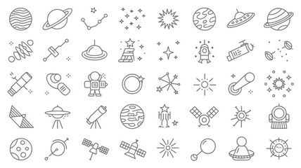 A collection of linear space icons depicts planets spacecraft astronauts and astronomical objects against a white background high quality professional detailed modern elegant stylish clean crisp © Nargis