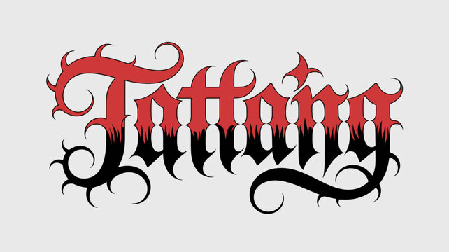 A striking graphic displays the word tattooing in a bold ornate and stylized red and black lettering design high quality professional detailed modern elegant stylish clean