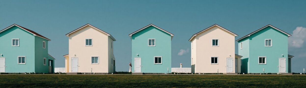 Row of pastel beach houses aligned along grassy shore