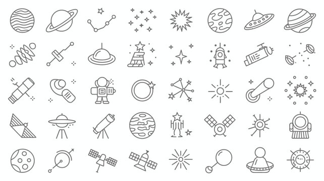 A collection of linear space icons depicts planets spacecraft astronauts and astronomical objects against a white background high quality professional detailed modern elegant stylish clean crisp