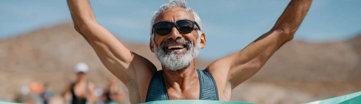 Senior man crossing finish line with arms raised at race