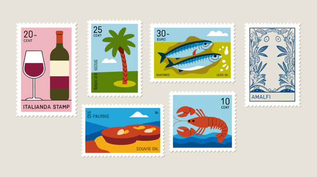 A collection of colorful postage stamps depicts various italian themes including wine palm trees seafood and coastal scenes high quality professional detailed modern elegant stylish clean