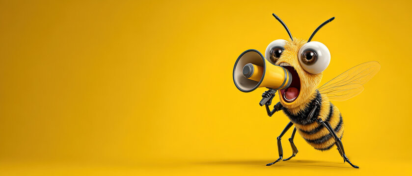 3D illustration of a cute cartoon bee holding a megaphone on a vibrant yellow background. Fun, energetic, and attention-grabbing concept for communication themes.