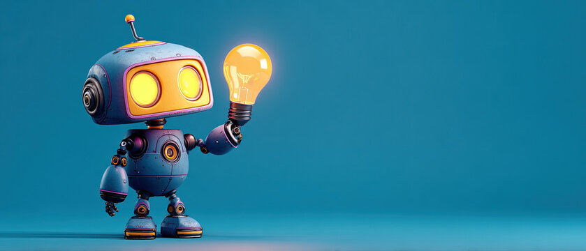 Cheerful cartoon robot holding a glowing light bulb on blue background, symbolizing innovation, creativity, and bright ideas. 3D illustration with vibrant colors.