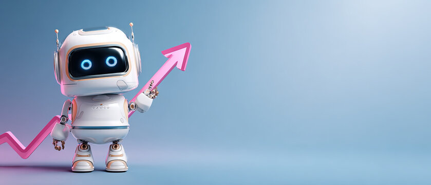 Adorable white robot holding a pink upward arrow, symbolizing growth and progress, against a modern blue background. Perfect for technology and business themes.