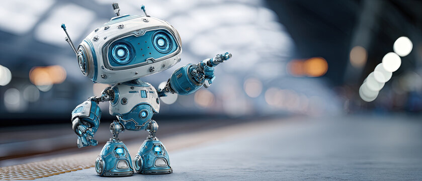 Adorable blue and white robot pointing forward in a modern train station, symbolizing technology, innovation, and friendly artificial intelligence.