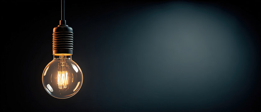 Illuminated classic light bulb hanging against a dark background with copy space, showcasing innovation and creativity.
