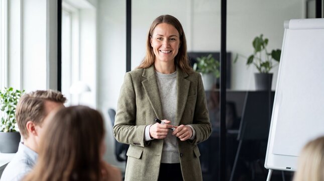 Smiling female presenter leading small business meeting in modern office, confident professional delivering presentation with flipchart and colleagues engaged, natural light, Scandinavian style