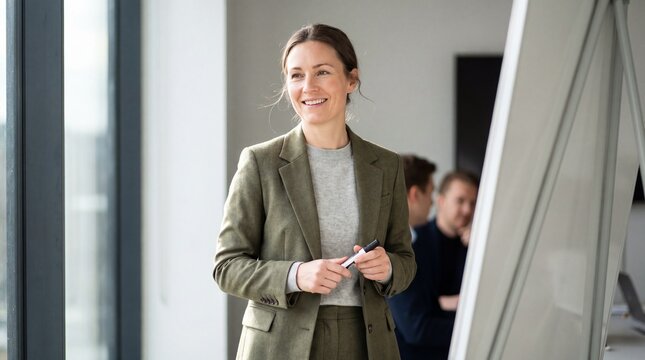 Smiling Scandinavian woman in green suit leading professional meeting and presenting ideas with confidence and warmth in bright modern office space