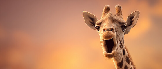 Obraz premium Close-up of a giraffe with a surprised expression against a warm, colorful sunset sky. Perfect for nature and wildlife concepts.