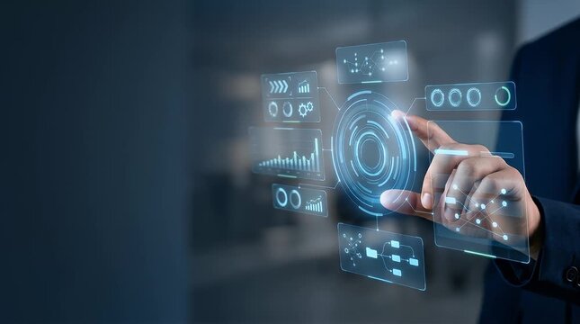 The scene opens in a softly lit office environment, where a blurred background hints at a modern workspace. A hand slowly approaches a glowing holographic data interface, with various animated graphs 