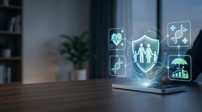 The scene opens in a softly lit modern office, showcasing a sleek smartphone on a wooden table with a blurred background. A hand gently enters the frame, reaching towards the device as holographic ico