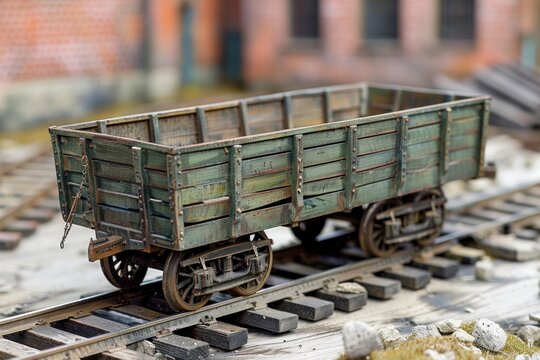 Empty miniature green wooden train wagon standing on rails on blurred background