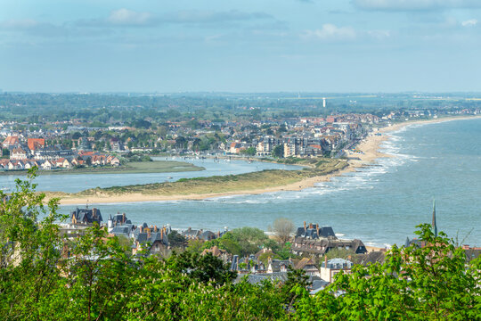 Aerial view of the towns of Houlgate and Cabourg in the background, beach at high tide, Normandy, France