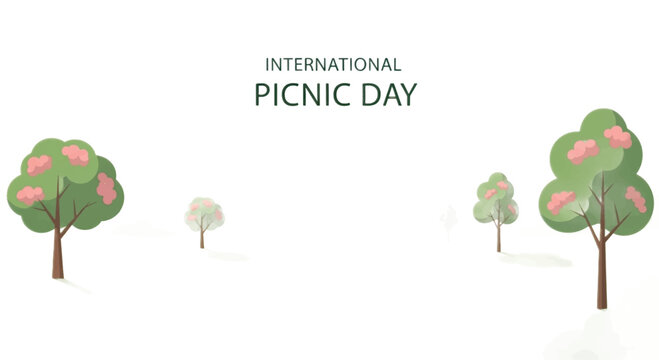 International Picnic Day, colorful tree icons, green trees with pink flowers, picnic celebration graphics