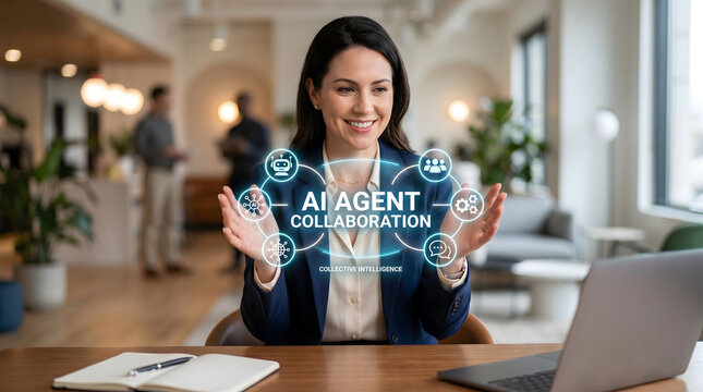 Businesswoman presenting AI agent collaboration hologram