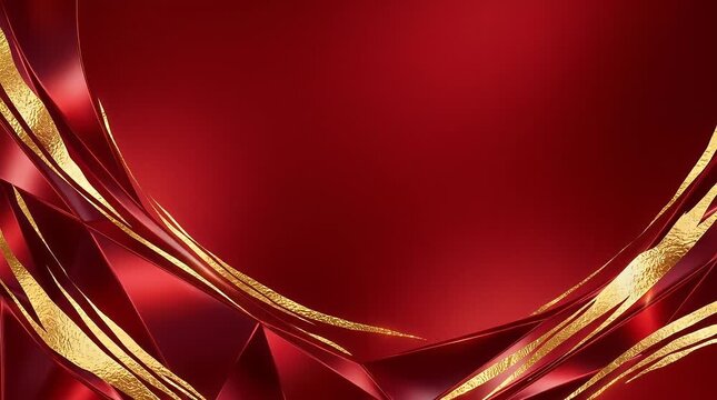 The scene opens in a dimly lit environment showcasing a rich red background adorned with flowing golden curves. Gentle golden particles drift in from the edges, gradually assembling to form elegant ab