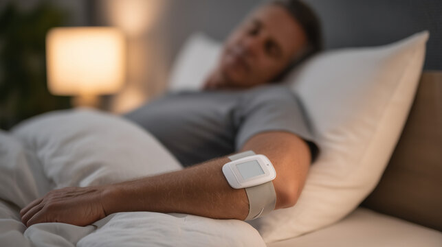 Wearable continuous glucose monitor worn during sleep, closeup of sensor patch on arm against white pillow, soft warm bedside lamp glow, overnight glucose monitoring diabetic sleep hypoglycemia prev