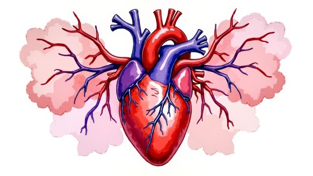 Medical illustration of human heart with lungs
