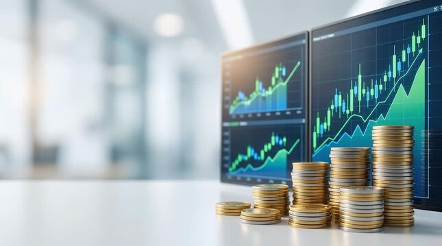 The scene opens in a bright, modern office environment featuring two digital screens displaying stock market graphs with dynamic green and blue lines. A stack of coins is positioned prominently on a w