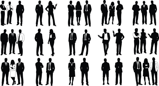 Large collection of male and female business people silhouettes standing together in professional corporate suits isolated on white background vector