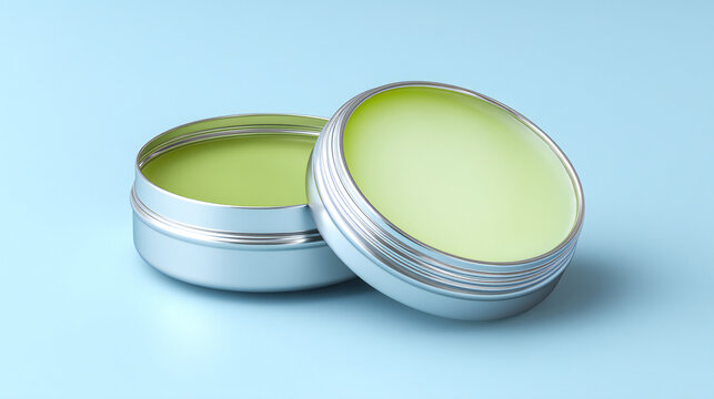 Green eucalyptus balm in silver tin container isolated on blue background. Natural wellness product concept for soothing skin care, chest relief, and herbal treatment.