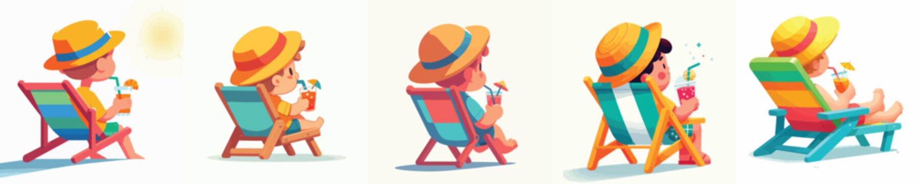 vector of a little boy sitting on a beach chair enjoying summer back view