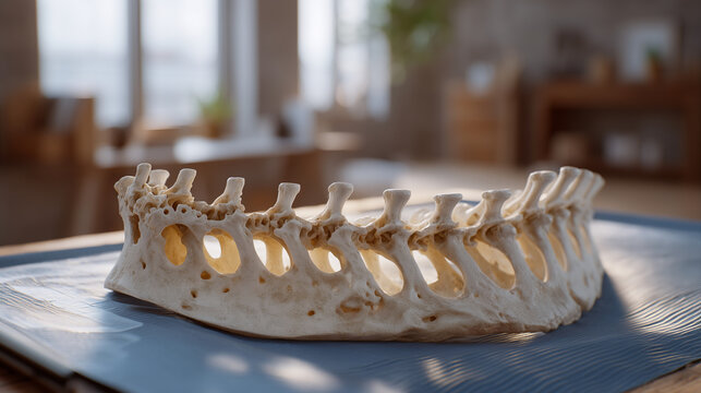 3D printed porous titanium vertebrae implant resting on surgical tray beside original bone scan, sterile clinical background, additive manufacturing orthopedic implant, bone regeneration spinal fusi