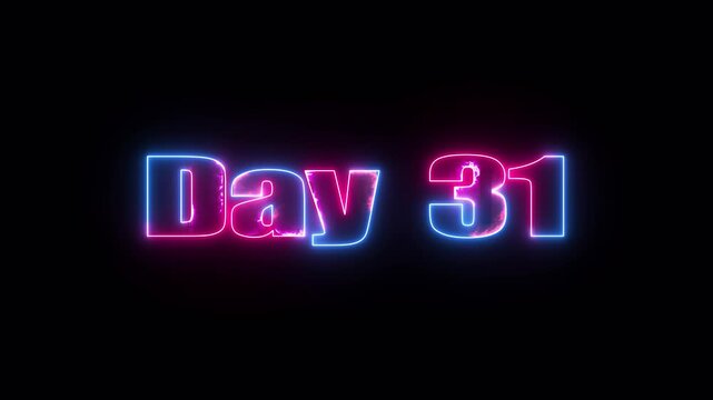 Day 31 neon text glowing effect, dark background, pink and blue light, Neon Lights, Title Card