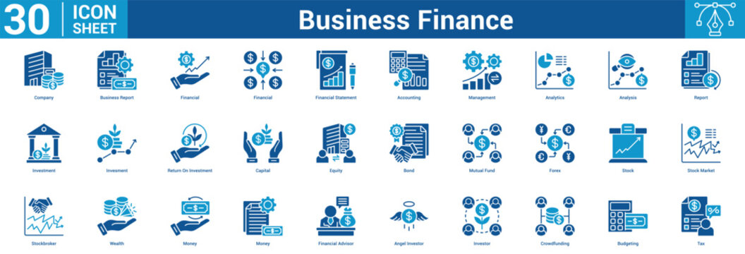 Business Finance editable icon set vector illustration concept for business with icon of Company, Business Report, Financial, Financial, Financial Statement, Accounting, Management, Analytics.