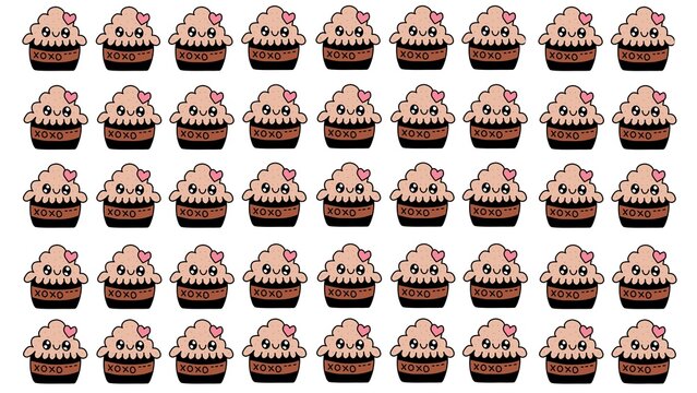 Kawaii cupcake pattern with heart and xoxo detail, cute hand drawn valentine food background on white.