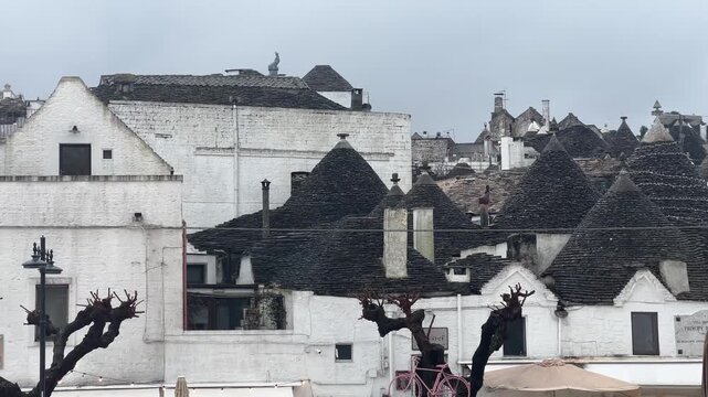 Panoramic view of traditional trulli houses in Alberobello, Italy, under a cloudy sky, showcasing unique historic architecture and European cultural heritage.