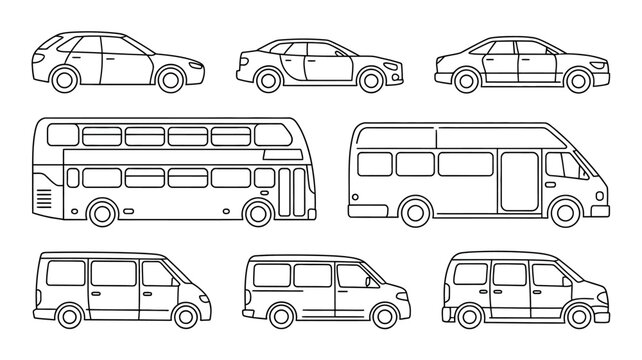 A collection of various vehicle outlines are displayed including cars buses vans and a double decker bus all in a simple linear style high quality professional